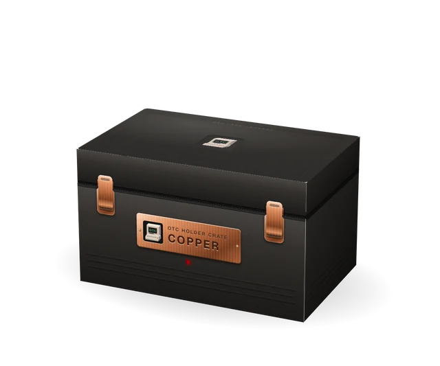 Copper Crate: a compact dark case with copper latches and a stamped copper ID plate.