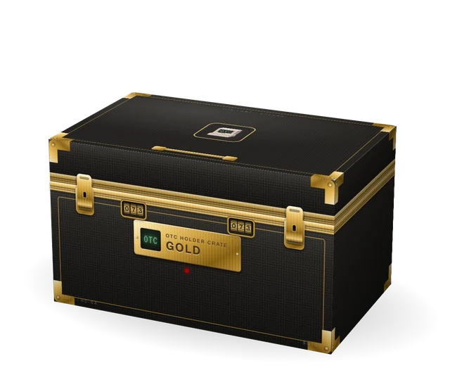 Gold Crate: a black grained case with gold hardware, combination locks and an engraved gold plate.