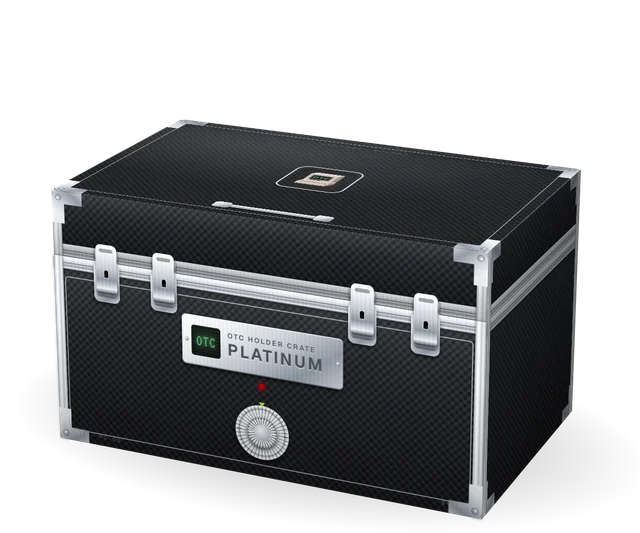 Platinum Crate: a vault-grade carbon case with a full platinum frame, four latches, a vault dial and the OTC insignia.